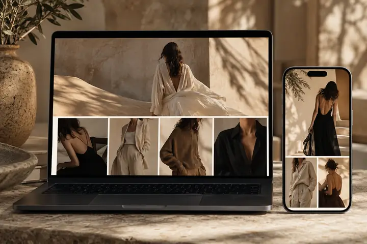 Realistische Desktop- und Mobilvorschauen eines modernen Mode-Shops mit redaktioneller Kleidungsfotografie.