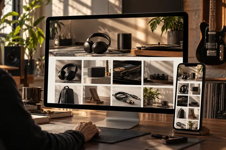 Realistische Desktop- und Mobilvorschauen für einen minimalistischen Shop für Elektronik und Musikzubehör.
