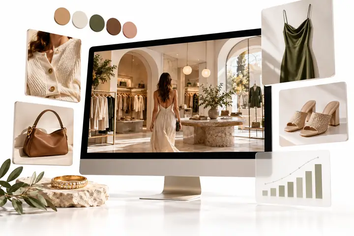 Elegante Desktop-Vorschau eines Mode-Shops, umgeben von einer schwebenden Farbpalette, Produktkarten und einem dezenten Analysebereich auf weißem Hintergrund.