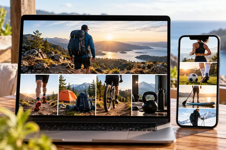 Realistische Desktop- und Mobilvorschauen eines Sportartikel-Shops mit lebendiger Lifestyle-Fotografie.