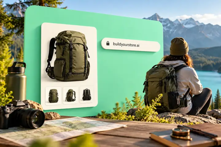 Vorschau eines Shops für Reisezubehör mit einer Rucksack-Produktkarte und einer schlichten Beispiel-Webadresse, auf einer kräftig mintgrünen Fläche angeordnet.