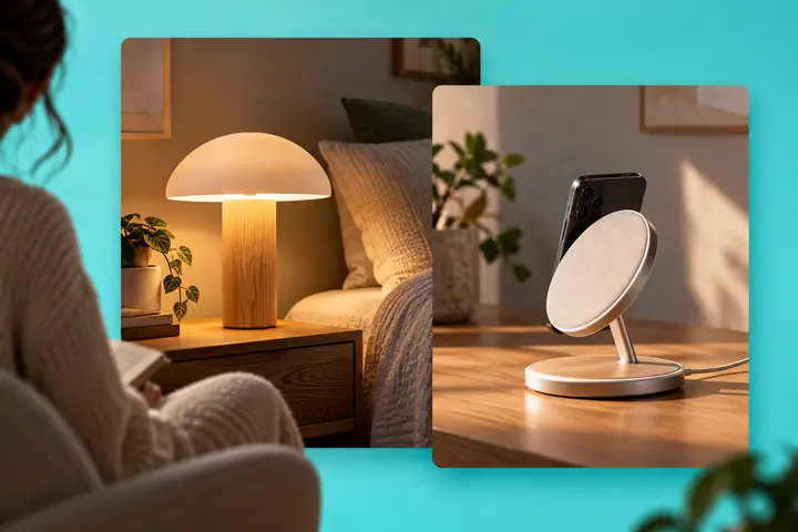 Zwei elegante Produktkarten mit einer modernen Nachttischlampe und einer kabellosen Ladestation, über einer türkisfarbenen Präsentationsfläche angeordnet.